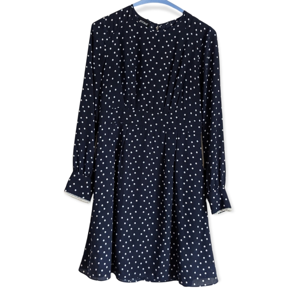 KOOKAI Navy Blue Polka Dot Long Sleeve Dress Sz 38 US 6